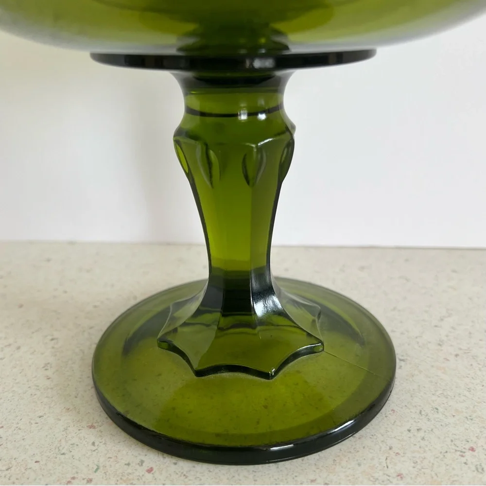 Vintage Pedestal Olive Green Indiana Glass Compote Candy Dish Bowl 7.5” X 7.5”